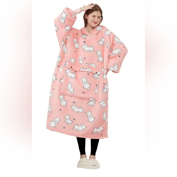 Wearable Blanket Hoodie for Adult Long Sherpa Dog Patterns Oversized Hood - Picture 5 of 6